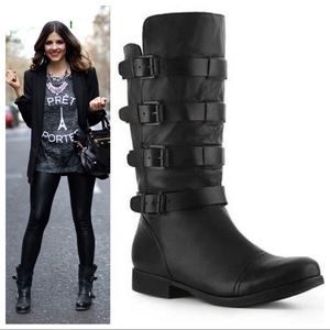 Black leather buckle boots